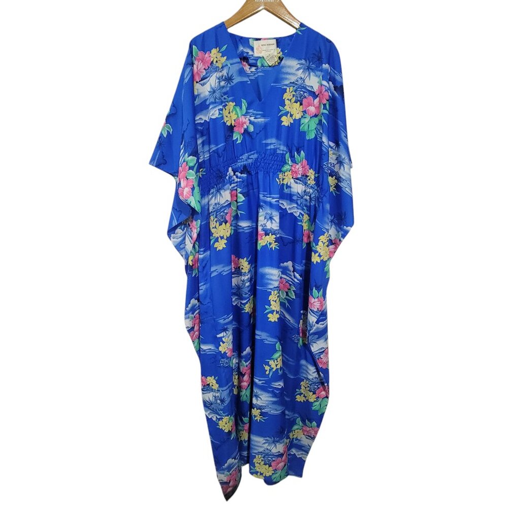 Royal Hawaiian Kaftan Womens One Size Blue Floral Eccentric Housewife Vintage
